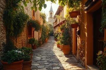 Obraz premium Narrow sunlit stone alley lined with terracotta pots of lush green plants and flowers leading to a small stone church tower with bell and cross, peaceful and charming