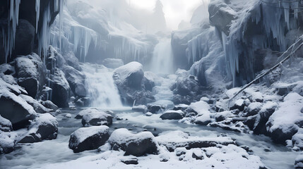 frozen waterfall in snowy winter canyon