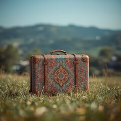 a highly detailed and stylish colorful trolly suitcase is the central focus of this cinematic photo, captured in daylight with a shallow depth of field, creating a beautiful blurred landscape