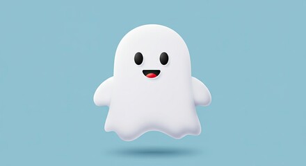 Cute 3D rendered white ghost emoji with a happy face floating on a light blue background.