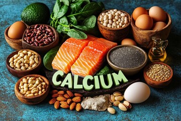 Assortment of calcium-rich foods including salmon fillets, eggs, nuts, seeds, spinach, beans, and a small pitcher of oil on a blue textured surface, highlighting healthy nutrition