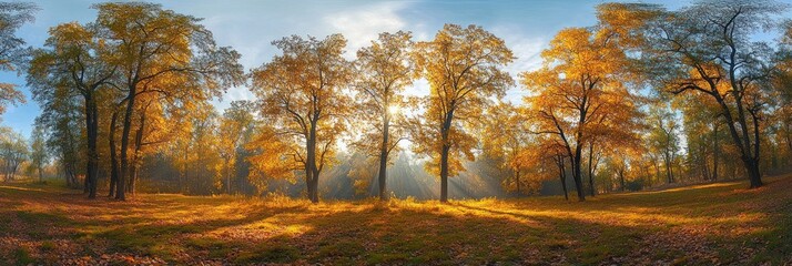 Sunlight streaming through golden autumn trees in a peaceful forest clearing with fallen leaves covering the ground under a partly cloudy sky