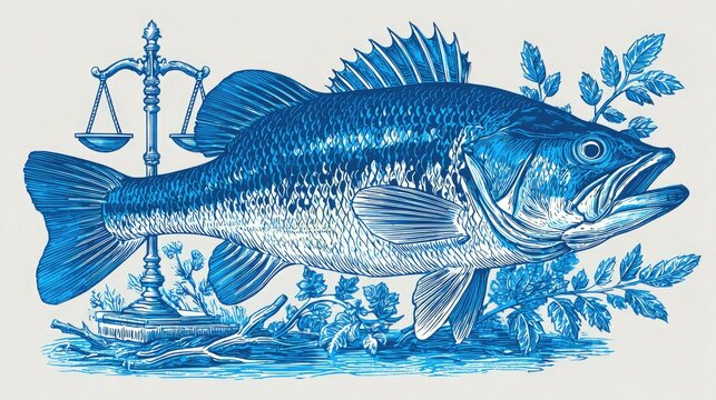 Intricate blue illustration of a largemouth bass with scales of justice, a compelling visual for law, fishing, or environmental themes, perfect for artistic projects or symbolic designs