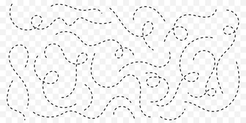 Hand drawn dot line path doodle. Dashed arrow set. Vector doodle dot line. Dotted hand drawn arrow. Doodle arrows of various shapes and directions. Path travel dotted line trip dashed best collection.