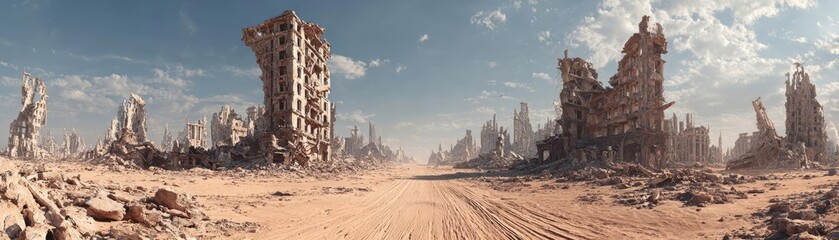 Naklejka premium Abandoned destroyed city in apocalyptic wasteland concept. A desolate landscape of ruins under a clear blue sky.