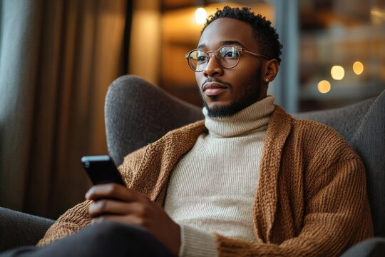 Thoughtful man wearing glasses and warm clothing sitting comfortably on a chair holding a smartphone in a cozy indoor setting with warm lighting