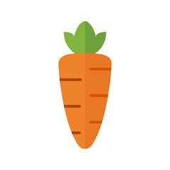A simple orange carrot icon with green top in flat design, symbolizing health and vegetables