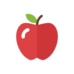 Flat design icon of a vibrant red apple with a green leaf, symbolizing health, food, and education