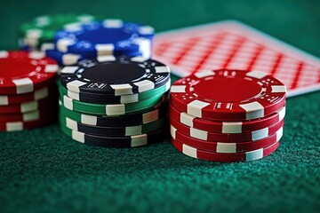 Close-up of colorful poker chips stacked on a green felt table with a blurred playing card in the background, evoking a focused gambling atmosphere