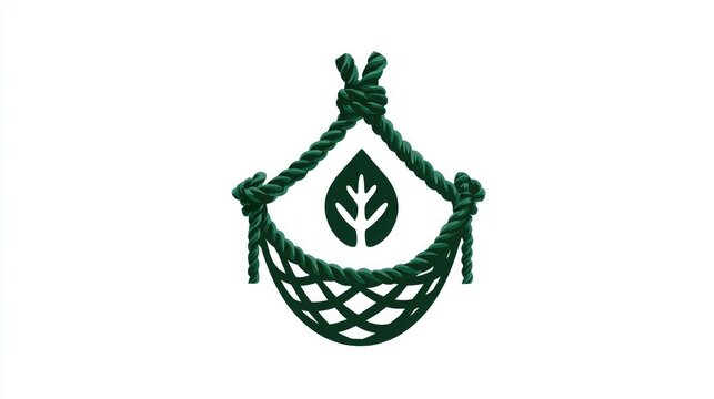 Serene green leaf symbol cradled in a sturdy rope hammock, evoking nature, relaxation, and eco-friendly living for tranquil branding and lifestyle concepts
