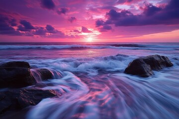 Vibrant purple and pink sunset over the ocean with waves crashing on dark rocks and a dramatic cloudy sky