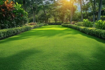 Obraz premium Sunlit garden pathway with vibrant green grass bordered by lush hedges and tropical plants under tall trees in a peaceful outdoor setting