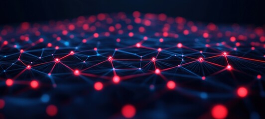 Abstract 3D network of interconnected glowing red and blue nodes on a dark background representing digital connections or data flow