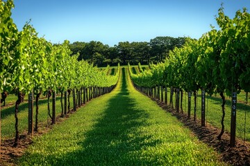 Fototapeta premium Bright sunny day over a vibrant green vineyard with neatly aligned grapevines stretching into the distance under a clear blue sky