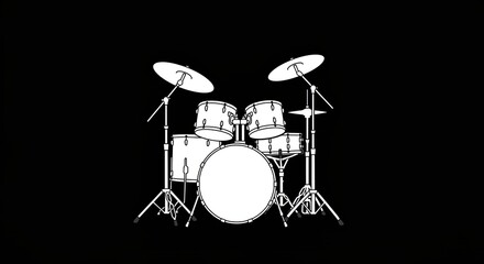 Minimalist white outline illustration of a complete drum set against a solid black background, showcasing a classic musical percussion instrument.