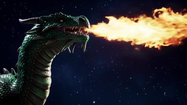 Scaled, green dragon spews fire against starry background