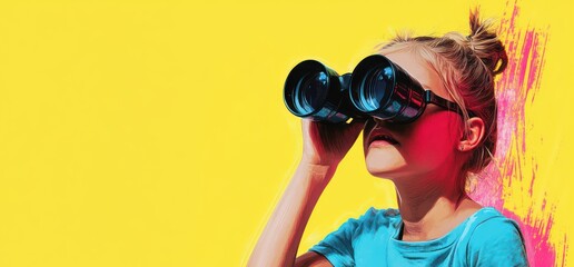 young girl with blonde hair using large black binoculars looking ahead with curiosity against bright yellow and pink background
