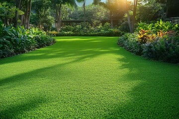Fototapeta premium Sunlit lush green garden lawn bordered by vibrant plants and trees under a clear sky creating a peaceful and refreshing outdoor space