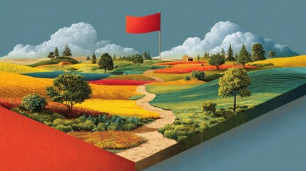 Vibrant, colorful patchwork fields lead to a distant red flag on a clear day, evoking a sense of journey and destination in a stylized landscape.