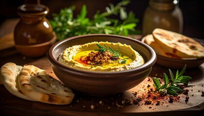 Hummus in a bowl with pita bread and herbs on a wooden board.