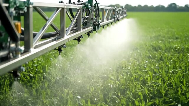 Agricultural Tractor Sprayer Applying Pesticides to Green Crops.
