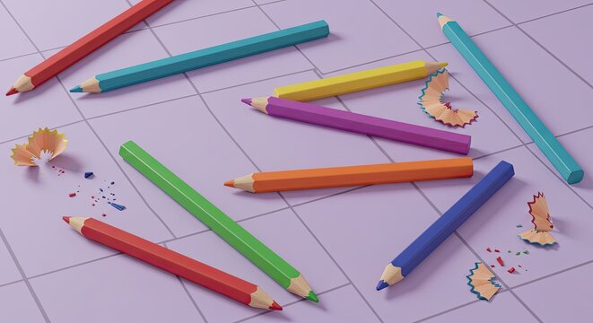 Colorful pencils scattered on a purple grid background with pencil shavings.