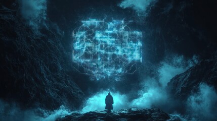 Silhouetted figure standing on rocky terrain looking at a large futuristic glowing blue holographic cube in a dark cavernous environment with mist and water splashes