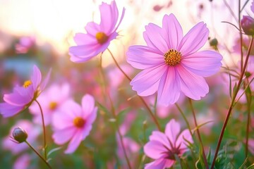 Fototapeta premium Close-up of delicate pink wildflowers glowing softly in warm sunlight with blurred natural background creating a peaceful and serene atmosphere