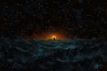 Obraz premium Silhouette of a person standing against a glowing orange horizon surrounded by dark, starry night sky and swirling dark blue cosmic waves
