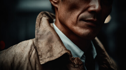 A noir inspired night setting with neon hues frames a solitary figure in a trench coat, reflecting suspense, drama, and cinematic mystery.