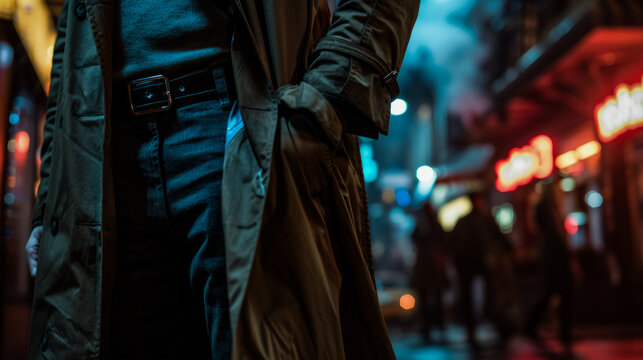 A noir inspired night setting with neon hues frames a solitary figure in a trench coat, reflecting suspense, drama, and cinematic mystery.