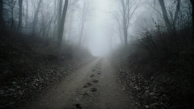 Mysterious foggy forest path with footprints leading into an obscured distance, evoking a sense of adventure and intrigue