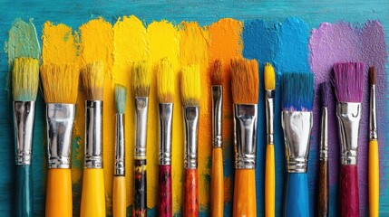 Obraz premium Set of accessories for painting with brushes and paints concept. Vibrant paintbrushes arranged in colorful order on a blue background.
