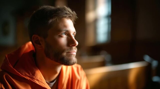 A young man dressed in an orange prison jumpsuit sits in a stark, empty courtroom, reflecting on the weight of his situation and the implications of his choices, under soft dramati