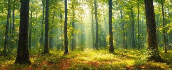 Obraz premium Sunlight beams filtering through tall green trees in a peaceful forest with a lush ground covered in foliage and soft shadows
