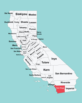 Flat California map featuring counties and highlighted San Diego area. Perfect for education, geography, travel guides, and modern infographic use.