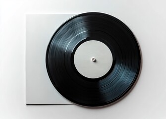 Obraz premium Close-up view of a black vinyl record with grooves placed on top of a plain white square sleeve against a white background