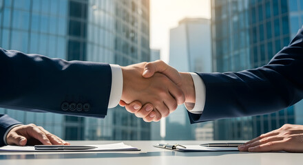 Corporate agreement handshake in a modern city office