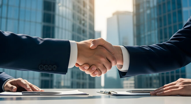 Corporate agreement handshake in a modern city office
