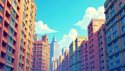 Abstract geometric patterns of office building facades, emphasizing lines and textures. An abstract composition of office building facades, focusing on repetitive geometric patterns, sharp lines, and