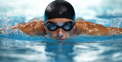Focused swimmer wearing black swim cap and goggles emerging from pool water with droplets splashing around