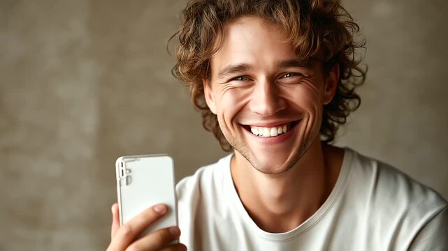 Smiling young man holding a mobile phone, isolated on transparent background, under soft studio light, highlighting cheerful expression and sleek device, serene portrait scene, cal