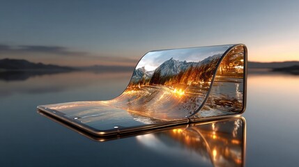Stunning flexible smartphone showcases breathtaking mountain landscape with vibrant sunset reflecting on serene water, embodying future technology and immersive experiences.