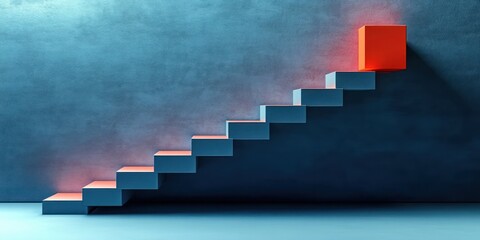 Minimalistic image of a blue staircase with a floating orange cube at the top casting a shadow on a textured blue wall with soft red lighting highlights