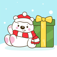santa polar bear with gift christmas animal kawaii winter cartoon character. happy new year card.