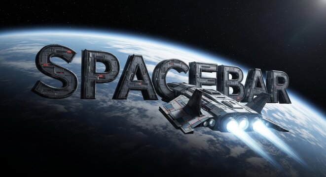 Metallic spacebar Text and Futuristic Spaceship Soaring Above Earths Atmosphere