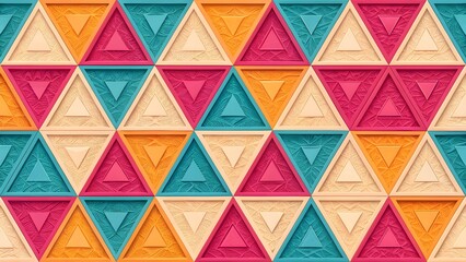 Layered Geometric Triangles in Bright Hues with Paper-Fold Detail. Overlapping bright-colored triangles with realistic paper-fold shadows—modern seamless background for design and print.