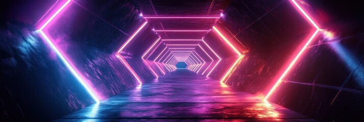 Futuristic tunnel with glowing neon hexagonal light patterns in pink, purple and blue hues creating a reflective, immersive pathway