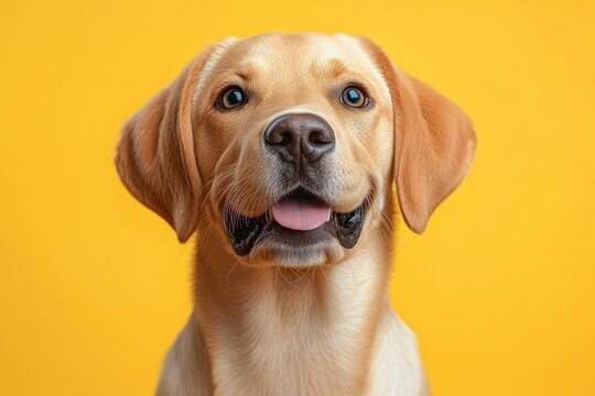 Close-up of a happy golden retriever dog with shiny eyes and tongue slightly out against a bright yellow background