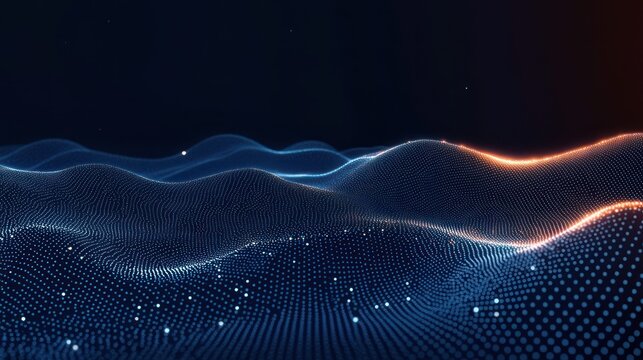 Digital wave landscape composed of glowing blue and orange dots forming smooth flowing curves against a dark background, evoking a futuristic and dynamic atmosphere